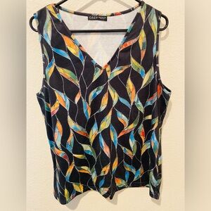 Black V-Neck Tank with Multicolor Leaf Motif